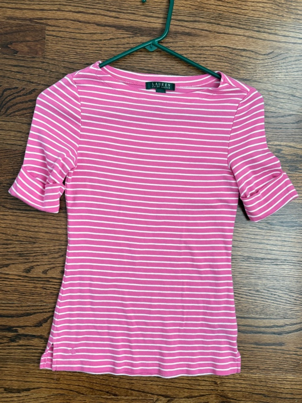 Lauren Ralph Lauren Pink Striped Short Sleeve Top Slim Fit Fitted Size Small